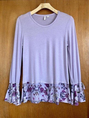CATO EST 1946 Purple Top Faux Layered Feminine Floral Bell Sleeves Stretch XS S? - Picture 3 of 3