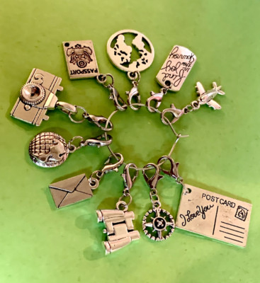 10 Piece TRAVEL THE WORLD Clip-on Lobster Clasp Charms on a Ring Passport, etc