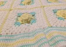 HANDMADE Crochet Knitted Baby Crib Blanket 3D Flowers Yellow  Mint Green