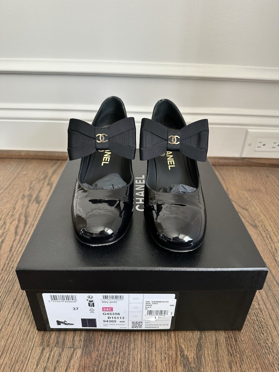 24C Chanel Black Patent Leather Bow Mary Jane Pumps Heels Size 37