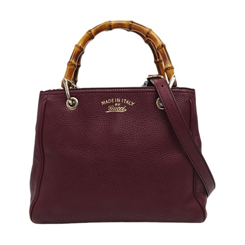 GUCCI Bamboo 1947 Wine Red Calfskin Leather Bamboo Tote Shoulder Bag