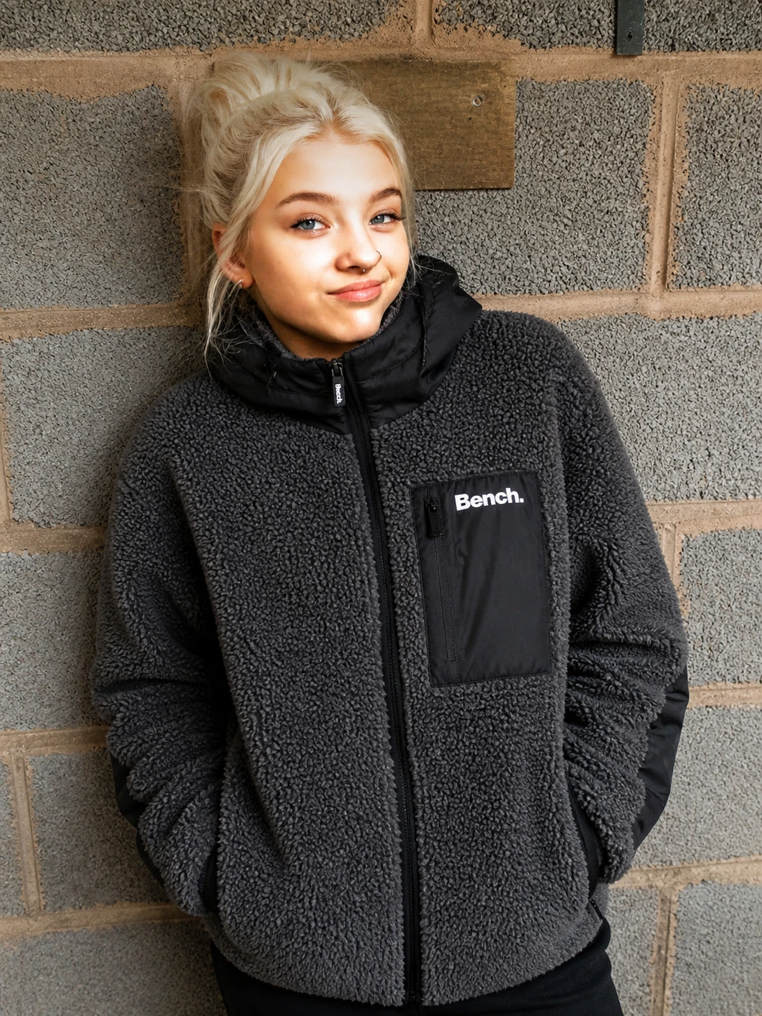 Bench Teddy Fleece Jacket UK 10 Small Grey Borg Zip Hoodie Warm Winter Coat