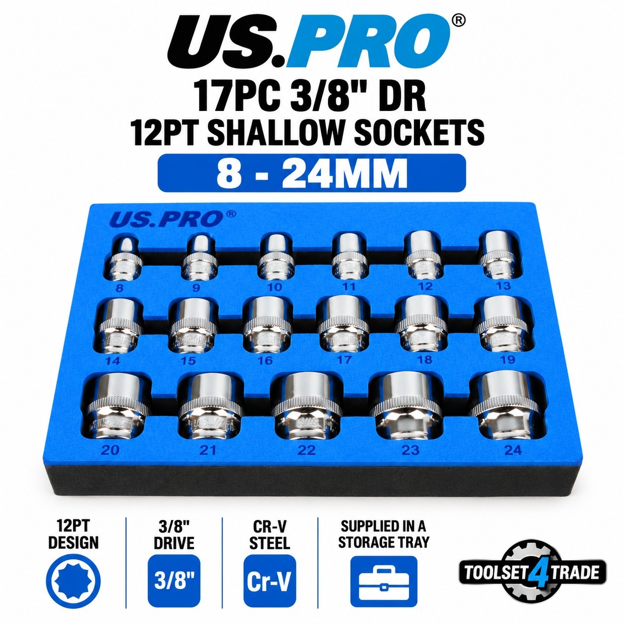 US PRO 17pc 3/8 Dr Shallow Sockets 12 Point 8 - 24mm 3248 - Image 2
