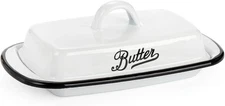 Enamelware Butter Dish with Lid Farmhouse White Vintage Style Black Rim