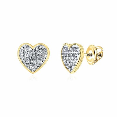 Natürlicher Diamant 10K Gold Gelb Weiß Pave Herz Schraubverschluss Ohrstecker