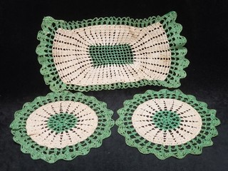 3 Vintage Hand Crocheted Lace Doily Chair Set Green Cottagecore 1940s Estate