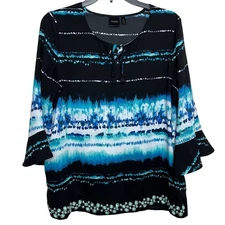 Rafaella Women’s Medium Blouse Black Blue Beaded Peasant Top Boho Work Casual