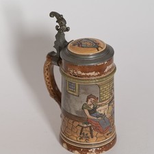 Alter antiker ge&auml;tzt geritzt Bierkrug Zinndeckel J.P Thewalt Nr 1291 ca1900 0,5l
