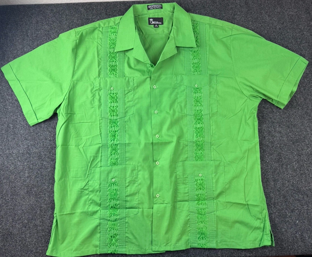 Omega Fashion Guayabera Shirt Mens 3XL Bright Green Embroidered Cuban Camp Shirt