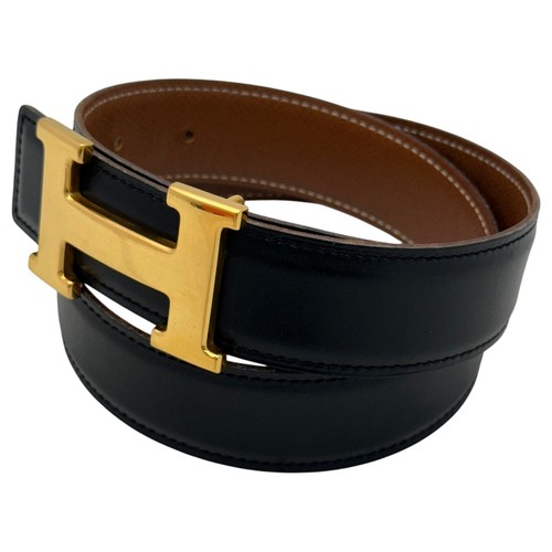 Auth HERMES Constance H Belt Reversible Leather Black Brown Gold he5535cc