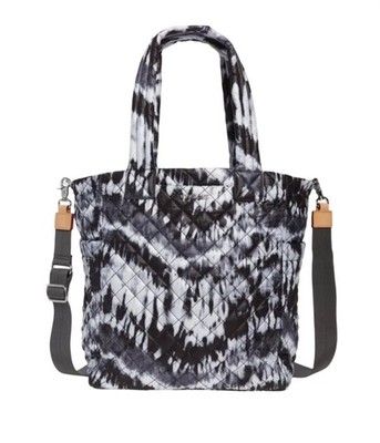 MZ Wallace Quilted Nylon Tote & Leather Trim Wave Tie Dye Black & White 