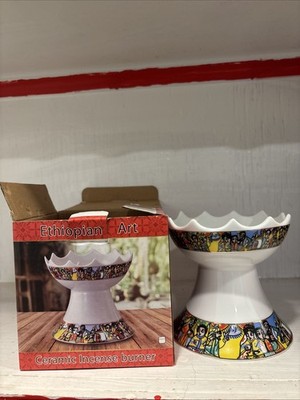 Machesha Black Decal 5  Saba design Ethiopian ceramic incense burner.