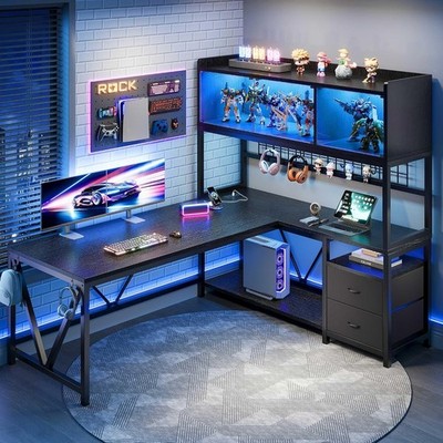 L Shaped Gaming Desk with Fabric Drawers and Power Outlet, Corner Computer Desk 