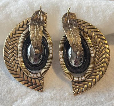 Vintage RARE Ermani Bulatti Art Deco Large Hematite w/Leaf Statement Earrings 