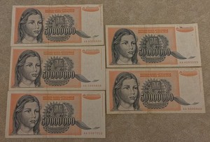 Yugoslavia 50 Millions Dinara 1993 Banknote Foreign Currency 50,000,000 Lot Of 5