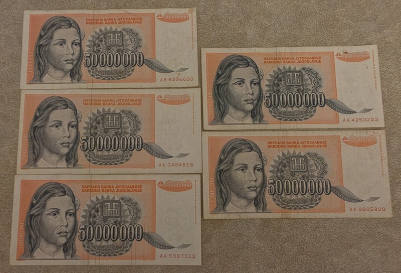 Yugoslavia 50 Millions Dinara 1993 Banknote Foreign Currency 50,000,000 Lot Of 5