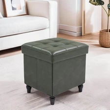 Storage Ottoman Bench, 15 Inches Foldable Ottoman Foot Stool with Legs, PU Le...