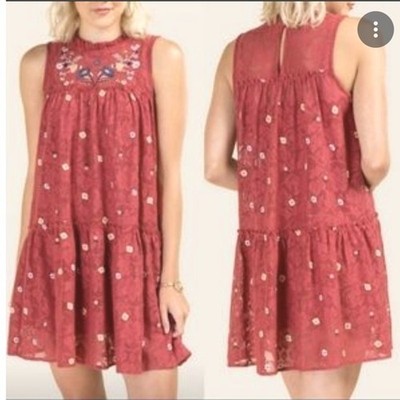 Francescas Mi Ami Embroidered Mini Dress L Red Sleeveless Boho Babydoll Tiered