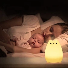 Children Night Light, EECOO Cute Cat Lamp Soft Silicone Sensitive Tap Control