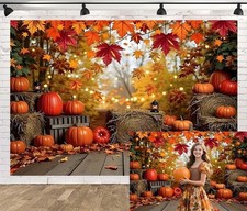 10x8ft Fall Backdrop Autumn Thanksgiving Photo Backdrop Pumpkin Straw Maple L...