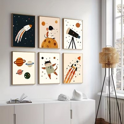 6er Leinwanddrucke  Kinderzimmer Raumfahrt Wanddekoration Wandkunst Dekobild