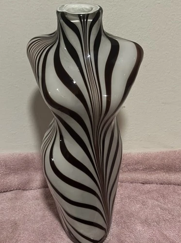 Vintage 14" Murano Style White And Brown  Zebra Stripe Female Torso Glass Vase