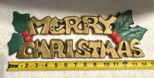 Vintage Frohe Weihnachten Hängeschild Gold mit Stechpalme Beeren Kunststoff - Bild 5 von 7