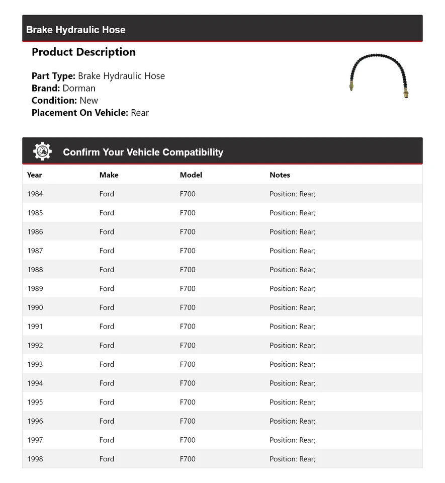 For 1984-1998 Ford F700 Dorman Brake Hydraulic Hose Rear 1985 1986 1987 1988 - Image 2 of 4
