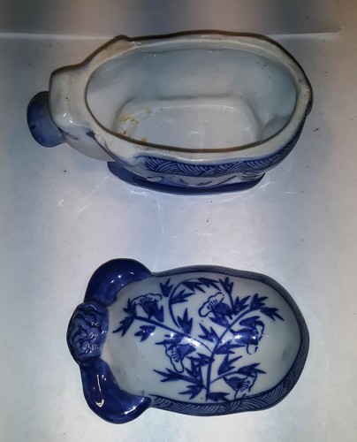Menge 2 Vintage Orientalisch Chinesisch Wasserbüffel Blau Blumen Deckel Zuckerdose Schüssel - Bild 9 von 11