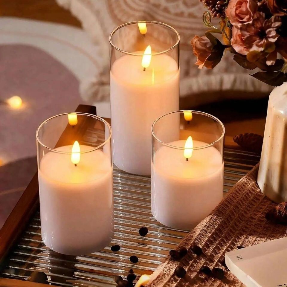 Set 3 Realistic Flameless LED Pillar Candles Acrylic Glass With Remote Control image 3
