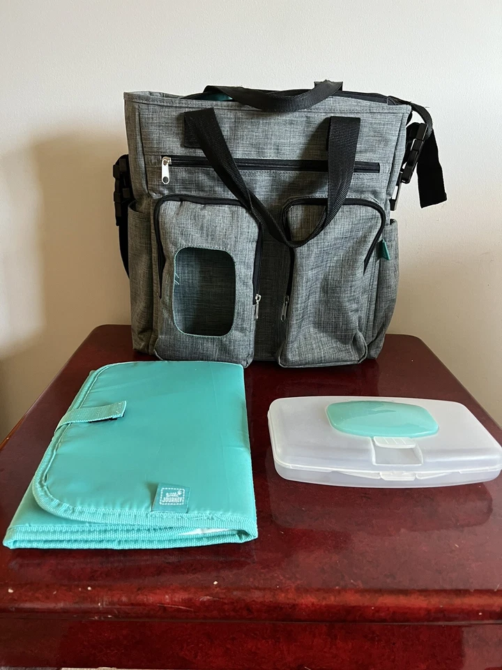 Bolsa de pañales Little Journey gris cambiador toallitas contenedor cremallera correa para el hombro Foto 2 de 4