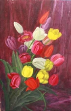 60`S REALIST OIL PAINTING STILL LIFE OF COLORFUL FLOWERS