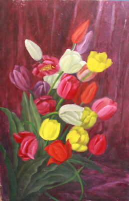 60`S REALIST OIL PAINTING STILLLEBEN OF BUNT FLOWERS