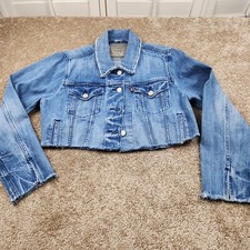 Levi's Womens Girl Size Large Denim Jacket Jean Altered Custom Cropped Raw Cuffs