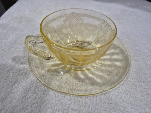 Cup and Saucer Hocking Cameo Ballerina Yellow Depression Glass Vintage