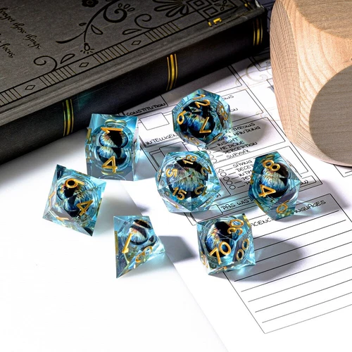 Dragon's Eye Liquid Core Resin 7-Piece DND Dice Set, Blue + Golden Numbers
