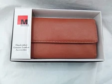 MUNDI HANDCRAFTED LEATHER LADIES CLUTCH WALLET LIGHT BROWN VTG NEW BOX DESIGNER
