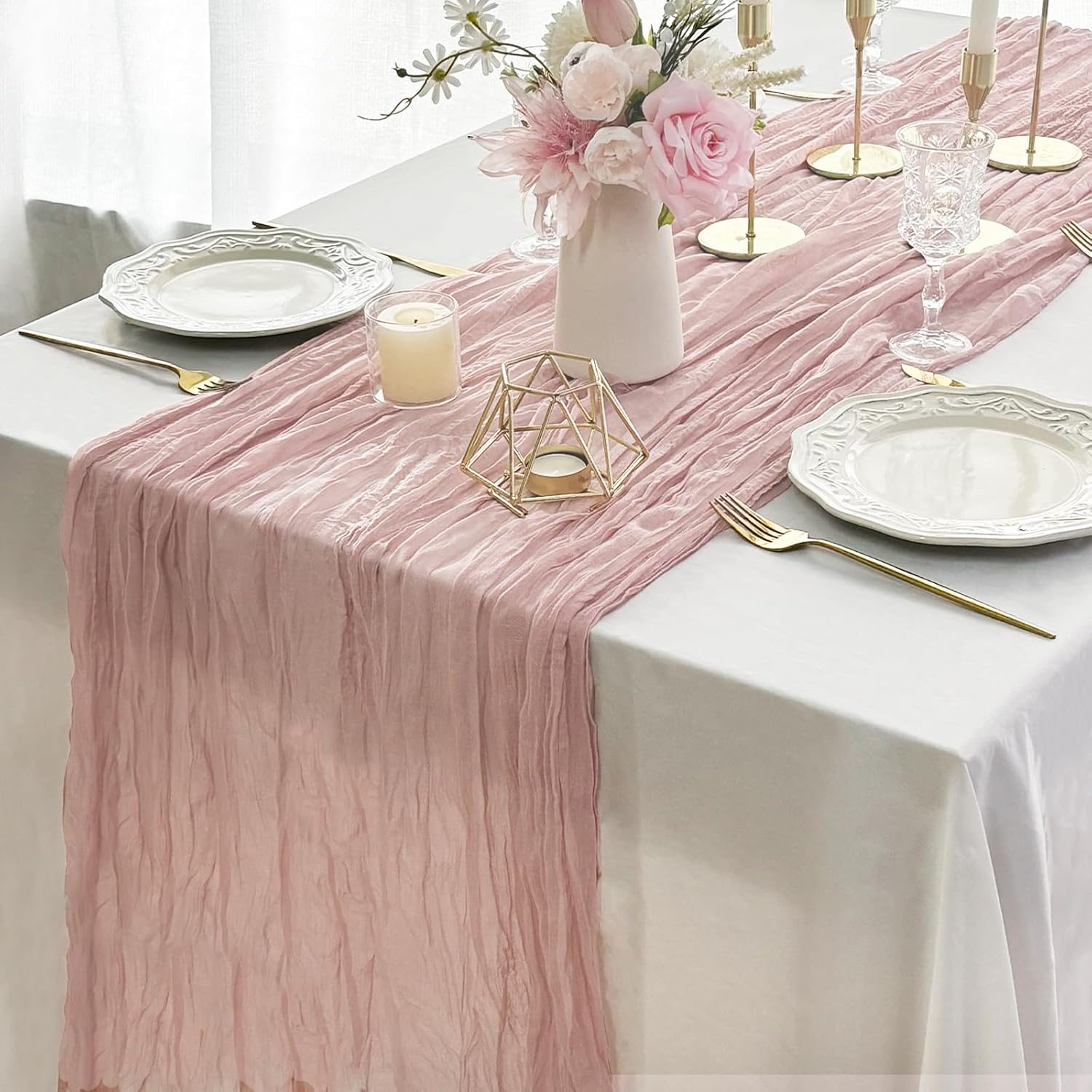 Pink Cheesecloth Boho Gauz Table Runner 35X120 Spring Easter Decor