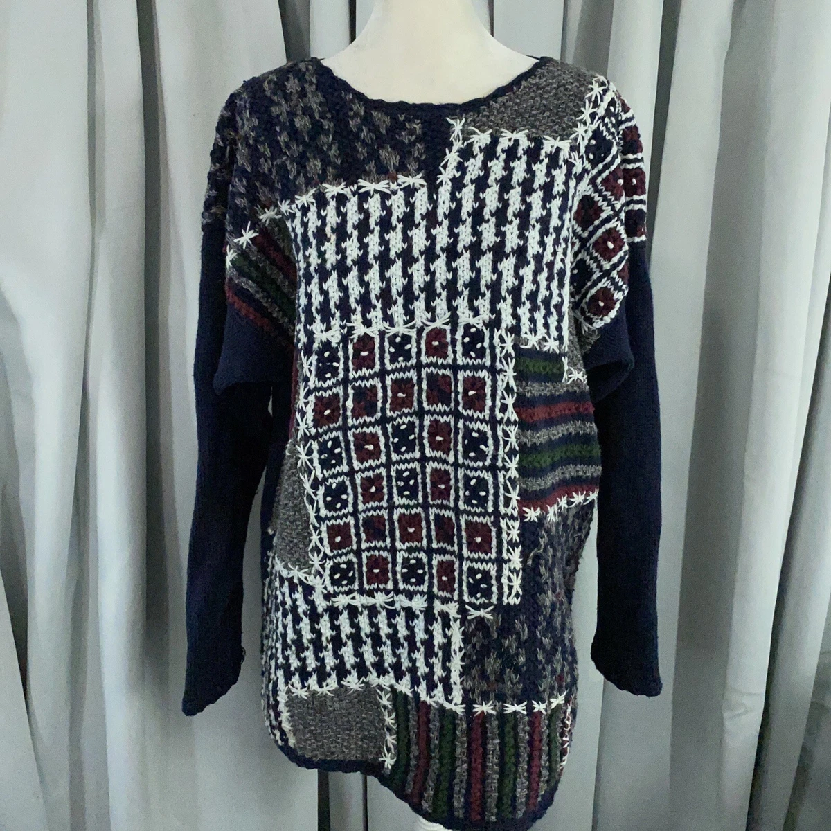 VINTAGE Jennifer Reed Sweater Extra Large Blue Hand Knit Patchwork Cottage Core