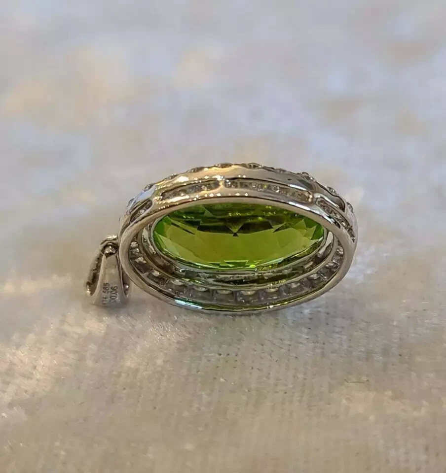 4Ct Oval Simulated Peridot Diamond Halo Pendant 14k White Gold Finish Free Chain