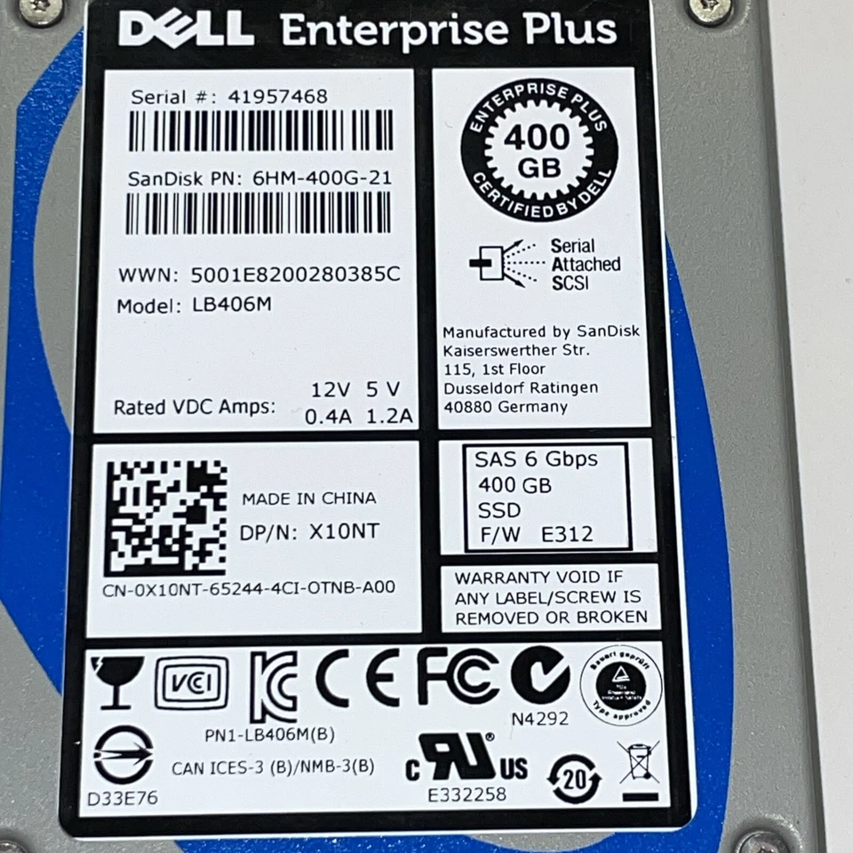400 GB SAS Dell Enterprise Plus LB406M DP/N: X10NT SSD 2.5" Festplatte - Bild 2 von 3