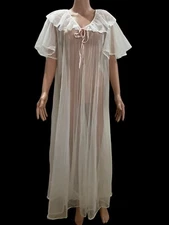 Vtg Val mode ROMANTIC Sheer CHIFFON Long NIGHTGOWN Peignoir Nylon Medium White