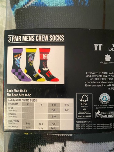 Exorcist Socks 3 Pair Mens Crew 8-12 Bioworld WB Horror IT Friday The 13th - Picture 3 of 4