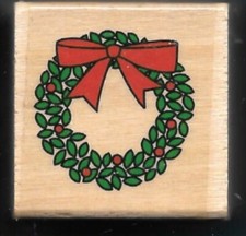 LEAF WREATH DECOR BOW Door Wall FUN Holiday Gift Tag NEW Wood Mount RUBBER STAMP