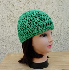 Women's Solid Green Cotton Crochet Knit Hat Summer Beanie, Chemo Cap, Skullcap