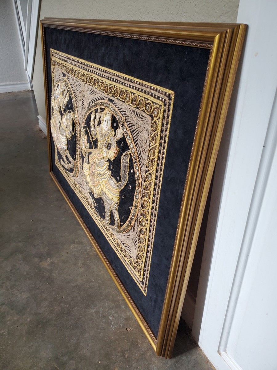 Antique Burmese Kalaga Thai Siamese Asian 38 x 25 Framed Tapestry