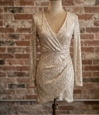 Windsor Gold Sequin Knit V-Neck Long Sleeve Wrap Mini Dress Zip S Party