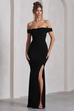 Club L London Law of Attraction Black Bardot Draped Split Maxi Dress