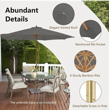 9Ft Wooden Patio Umbrella 8 Ribs Easy Tilt Table Parasol Outdoor Balcony Deck