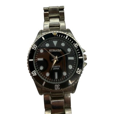 Strada Quartz Japan Diver Style Watch Silver Tone Black Bezel & Dial Men's